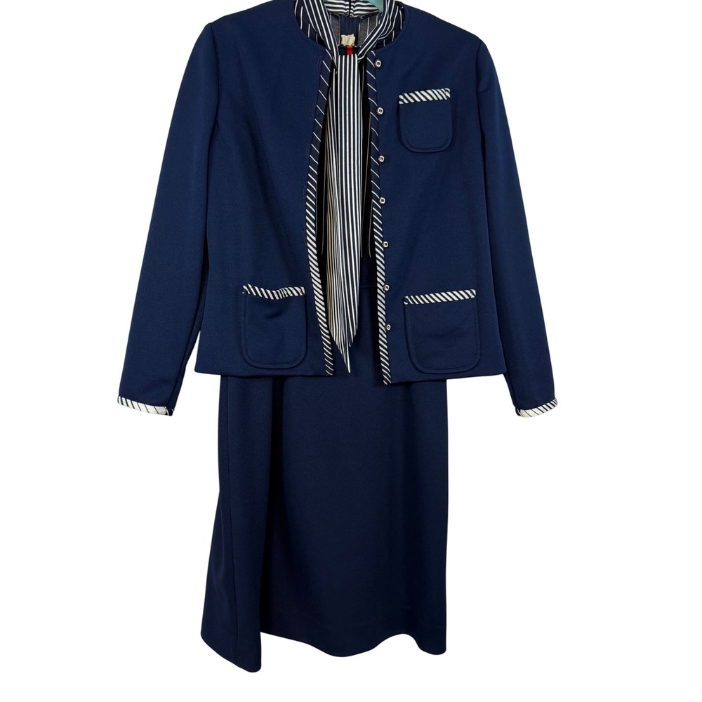 Vintage Leslie Fay Navy‎ Blue Skirt Suit Set Striped Tie Secretary Career